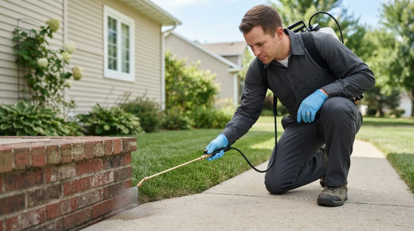 Pest control technician treating a home near Boonsboro, MD